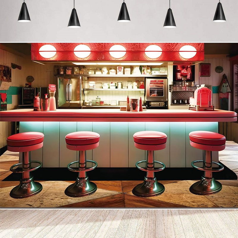 Baby Food Restaurant - Photography Backdrop 50s Diner Photo Banner